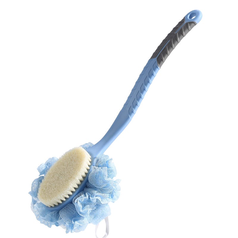 HONOMA [2nd Generation] Shower Body Brush with Bristles and Loofah Back Scrubber Bath Mesh Sponge with Curved 16 "" Long Non-Slip Handle Skin Exfoliating Massage Suitable for Men and Women (Blue) - Image 1